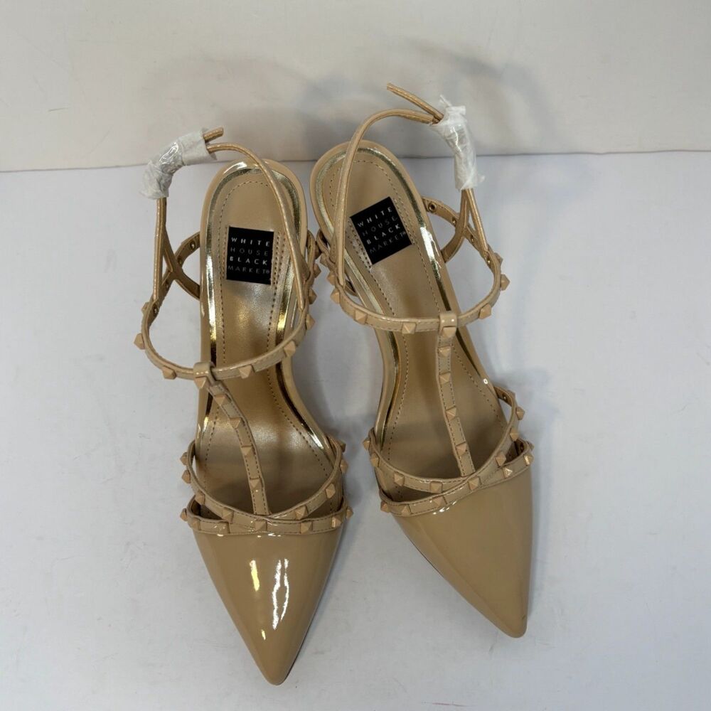 White House Black Market Studded T-Strap Slingback Heels Nude Patent Womens 9M